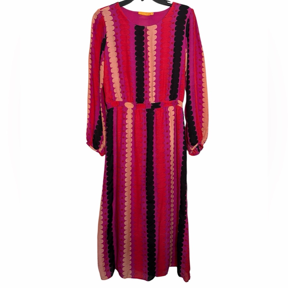 OLIPHANT Cotton Silk Scallop Stripe Polka Dot Long Midi Dress‎ Key Hole Pink S